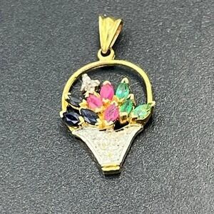 Yellow Gold Vtg 14K Sapphire Diamond Ruby Emerald Flower Bouquet Basket Pendant